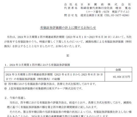 楽天のせいで850億円特損計上の日本郵政株価の回復を願うお祈り投資フェーズに突入