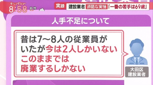 建設業界「求人募集しても誰も来ないんだが？」「うちの現場で一番の若手は６９歳」