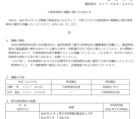 シライ電子工業、創業家の白井基治さん(32)が取締役会での威圧的態度を理由に社長を解任される